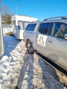 Towing caravan in the snow